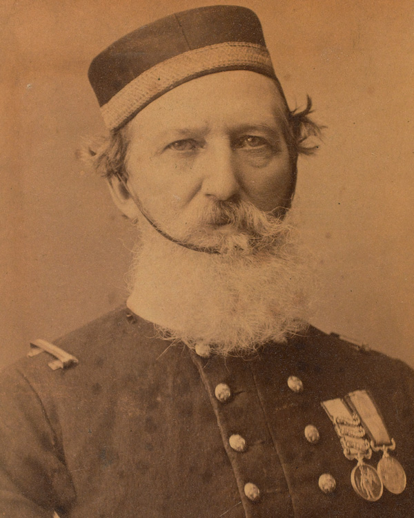 Frederick Peake in old age, wearing his coat from the Charge of the Light Brigade