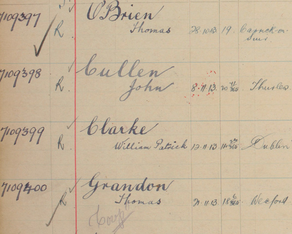 Detail from the enlistment record of Thomas O’Brien (7109397) of the Royal Irish Regiment