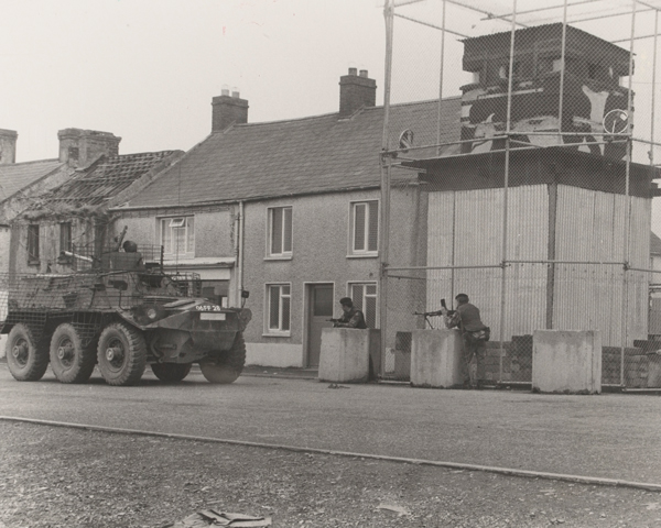Soldiers from 1st Battalion The Worcestershire and Sherwood Foresters Regiment, man a watchtower in Crossmaglen, South Armagh, 1977