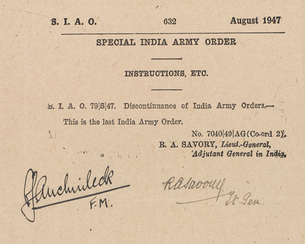 The Last Indian Army Oder, printed at New Delhi on 14 August 1947