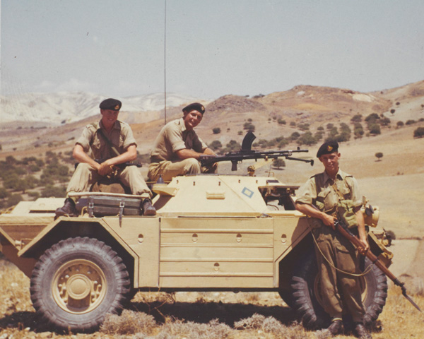 Soldiers of 1st Battalion, The Middlesex Regiment (Duke of Cambridge's Own), with a Ferret Scout Car in the Troodos mountains, 1957