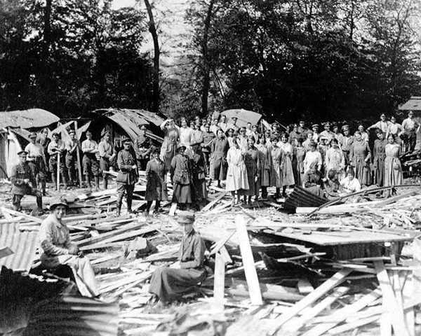 Members of QMAAC clearing up after an air raid at Abbeville, 1918