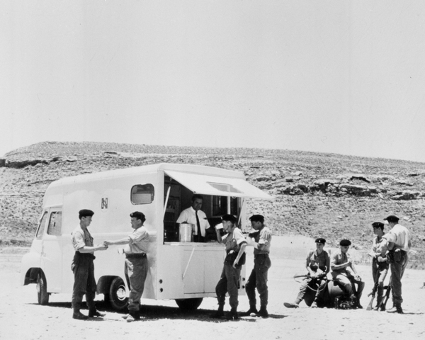 British soldiers enjoy a brew from a NAAFI mobile van, Cyprus, 1964