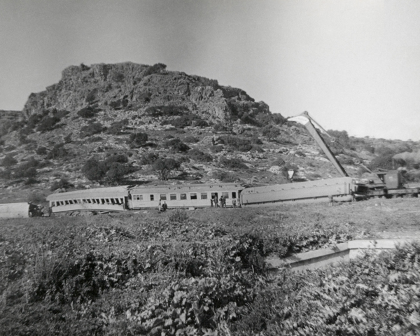 A train sabotaged by the Irgun near Binyamina, 1947