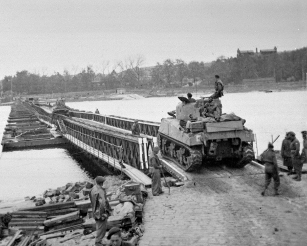 A tank of 3rd/4th County of London Yeomanry crosses the Elbe via a Class 40 Bridge erected by divisional engineers, 30 April 1945