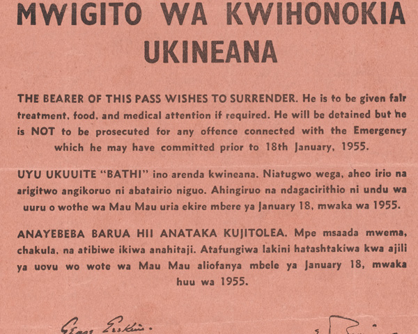 Safe conduct leaflet issued to persuade Mau Mau rebels to give themselves up, 1955