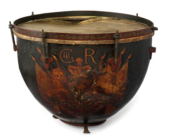 Kettle drum presented to the 1st Royal Lancashire Militia by King George III in 1805. 