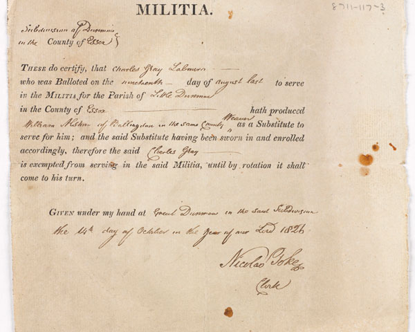 Militia substitute certificate for William Ashton in the place of Charles Gray, 1826. 