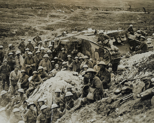 A Mark I tank surrounded by troops of 122nd Brigade, 17 September 1916 