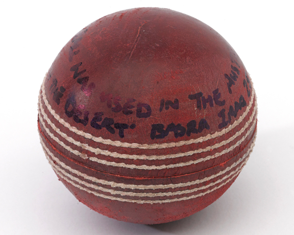Cricket ball used in the 'Ashes in the Desert' between Australian and British troops, 2006