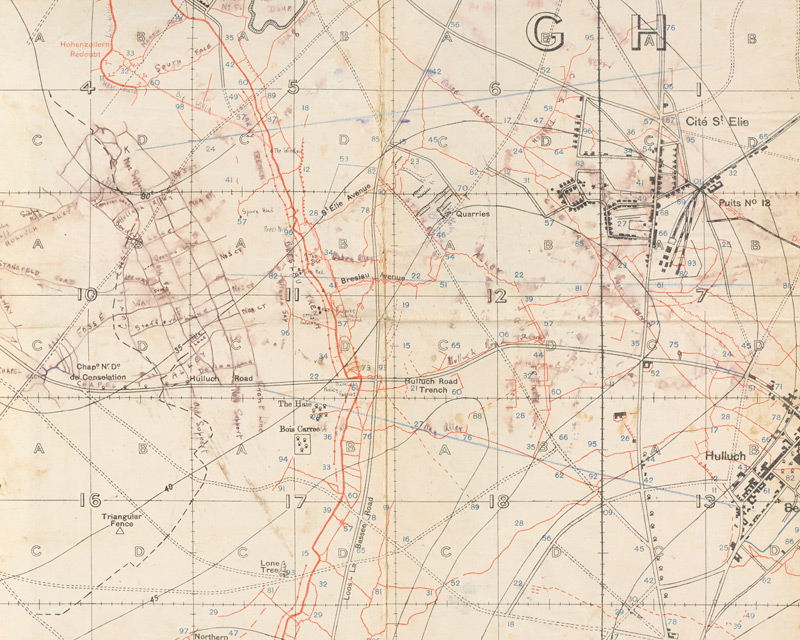 This trench map shows 7th Division frontage of attack at Loos. It was used during the battle, 1915.