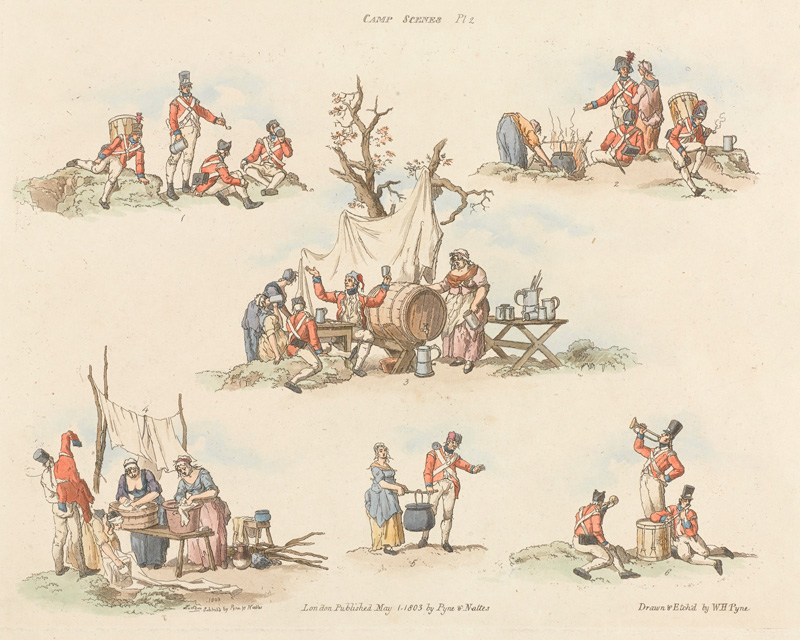 These 1803 etchings show women washing, cooking, serving beer and travelling with soldiers, but also revelling with them