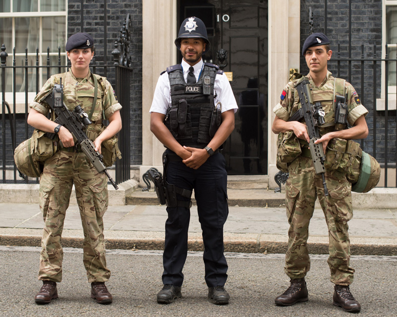 Soldiers of The King's Troop, Royal Horse Artillery, perform security duties at 10 Downing Street during Operation Temperer, 2017