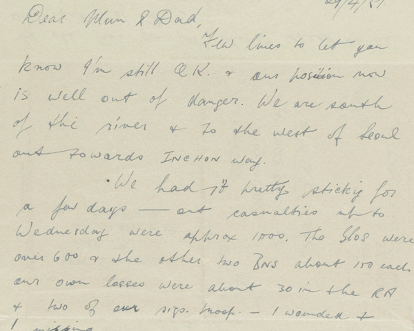 Letter from Lance-Corporal Arthur Stone, 45 Field Regiment, Royal Artillery, to his parents, 29 April 1951 