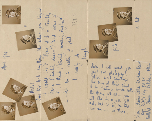 Letter covered in photographs of Valerie Howe sent to Major Anthony Ryshworth-Hill, April 1944