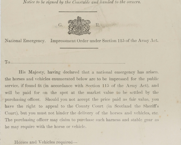 Impressment order for the requisition of horses, c1914
