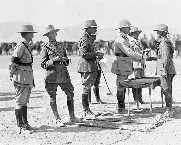 Presentation of medals to the ANZAC Mounted Division by General Sir Edmund Allenby (third right) and Major General Harry Chauvel, Commander of the Desert Mounted Corps (second left), 1918