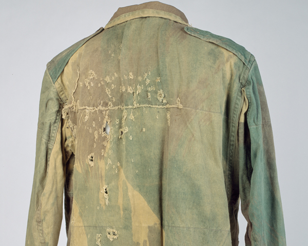 Lieutenant Thomas Hall was wounded by mortar fragments after landing by glider at Arnhem. His smock still displays signs of battle damage.