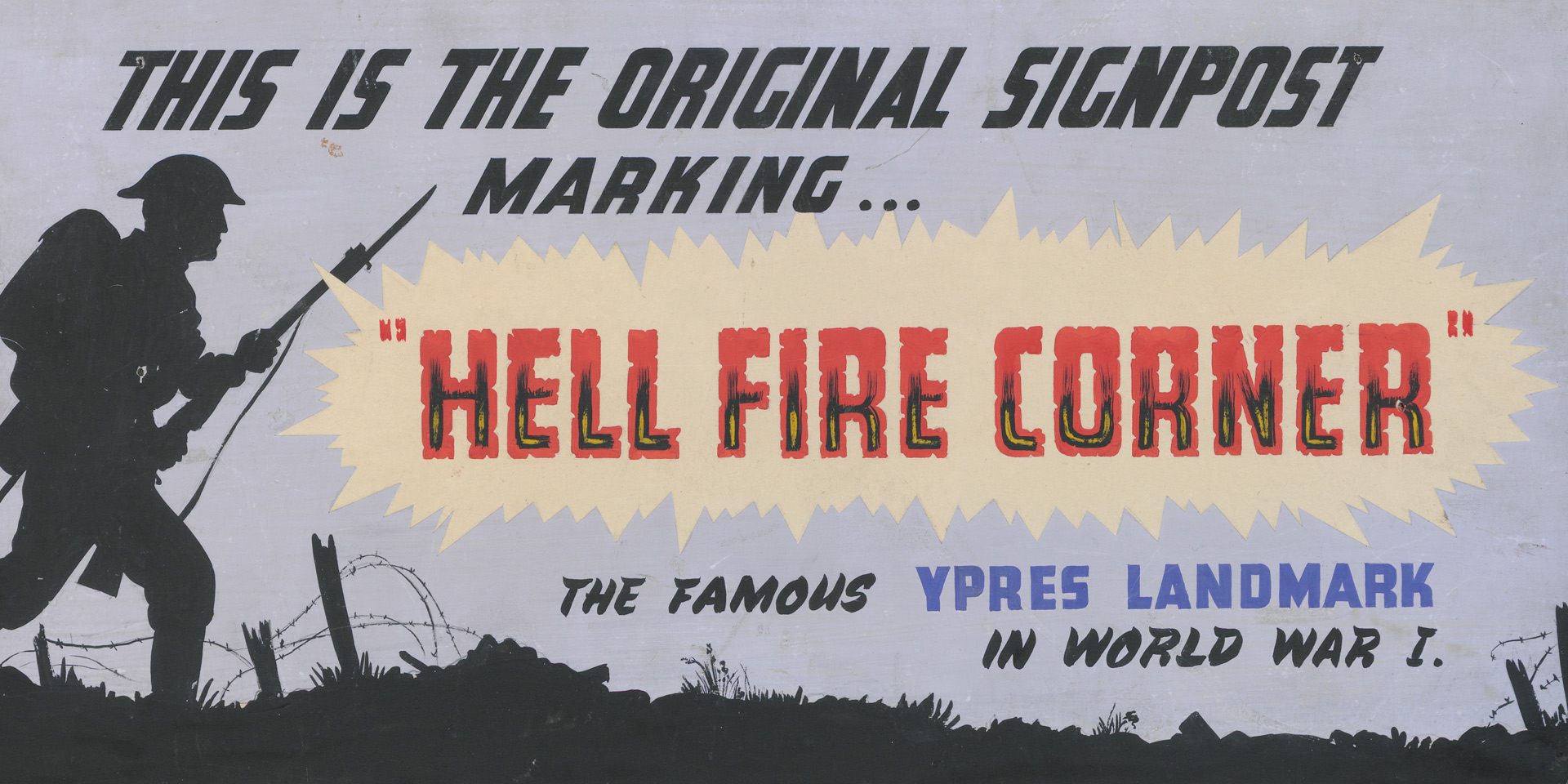Advertising board used in Storie’s shop to publicise the Hellfire Corner sign, c1950