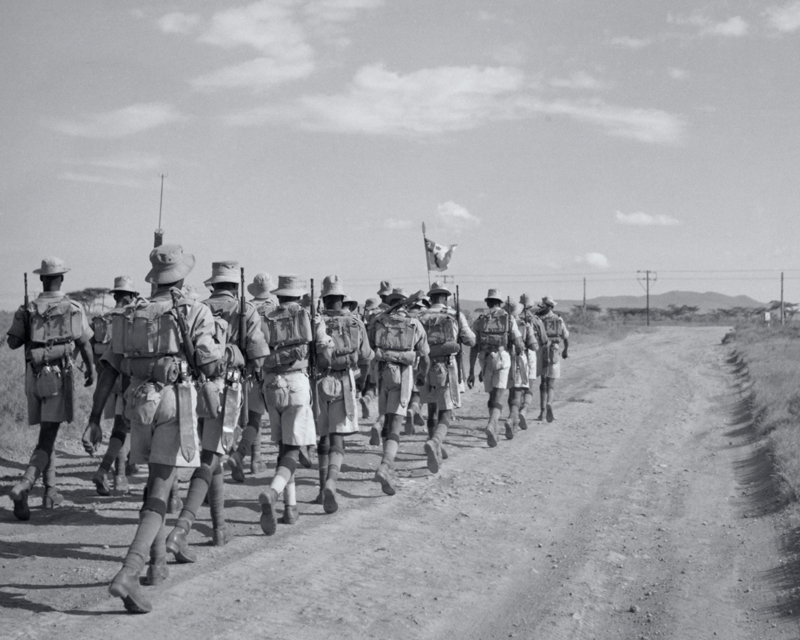A platoon of ‘A’ Company, 4th King’s African Rifles, during a route march near Gilgil in Kenya, c1956