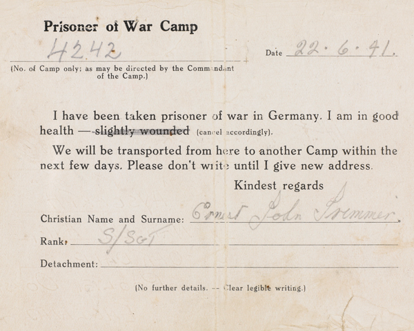Notification that Sergeant Ernest Trimmer, Royal Army Ordnance Corps, was a prisoner of war in Germany, 22 June 1941