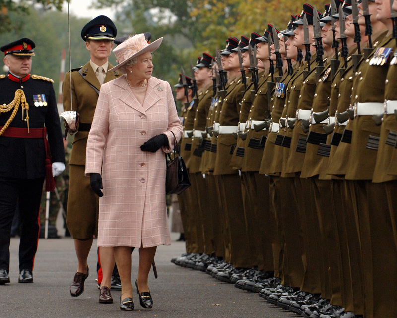 Queen Elizabeth II, Colonel-in-Chief of the Royal Engineers, inspects soldiers at Brompton Barracks, Chatham, 2007