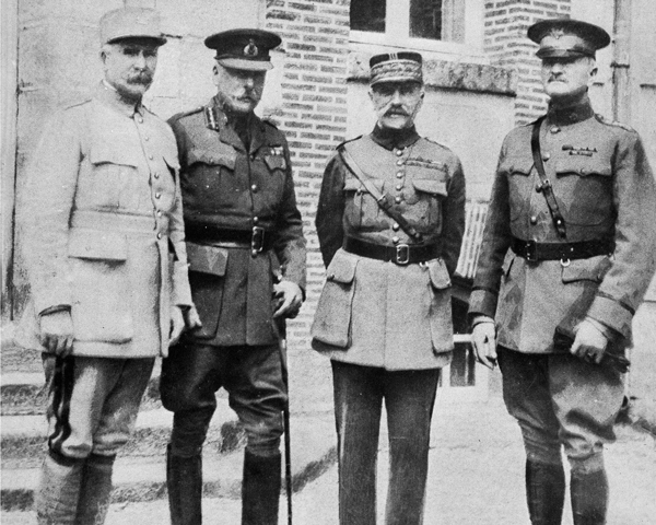 Allied commanders (from left) General Philippe Petain, Field Marshal Sir Douglas Haig, Marshal Ferdinand Foch, and General John Pershing, 1918