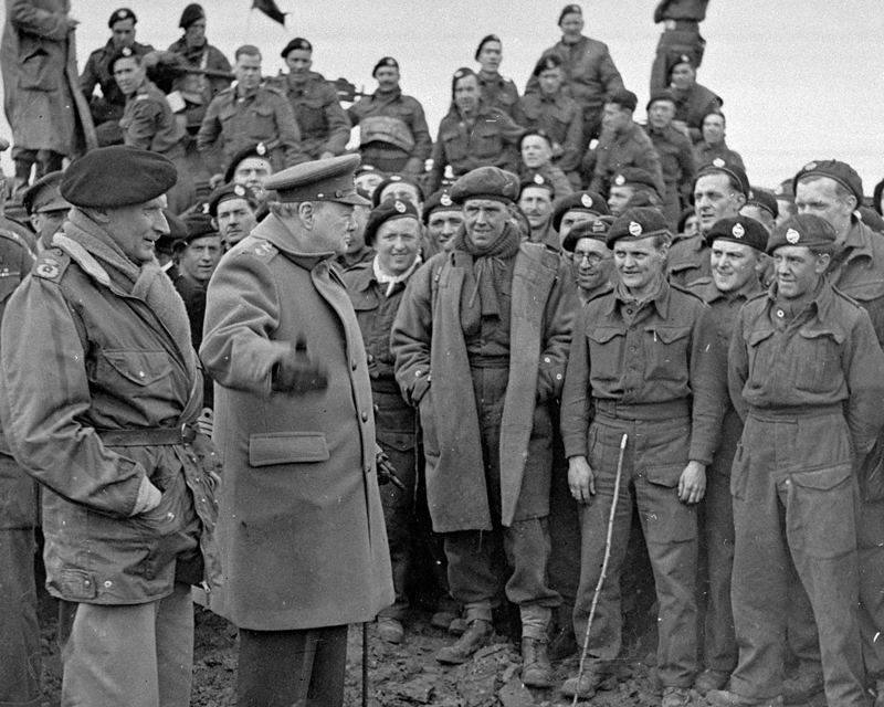 Sir Winston Churchill and Field Marshal Montgomery visiting men of 79th Armoured Division after the Rhine crossings, March 1945