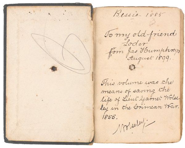 Lieutenant Garnet Wolseley’s French grammar book that saved his life when it stopped a bullet at the Siege of Sevastopol, c1855