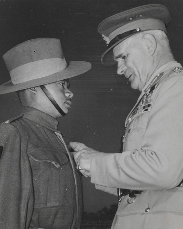 Field Marshal Sir Archibald Wavell, the Vicreoy of India, presents the Victoria Cross to a Gurkha soldier, December 1945