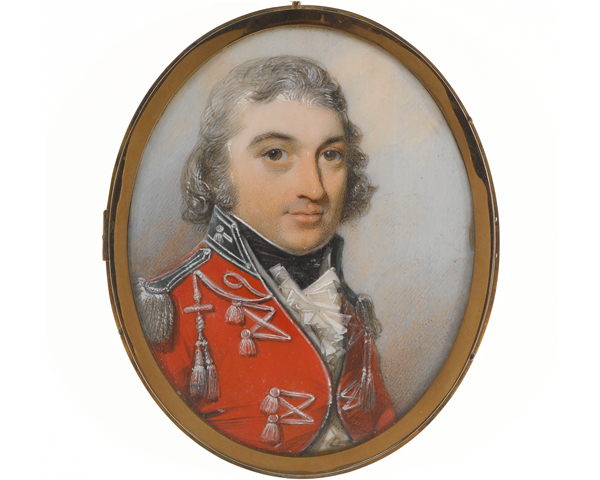 An unidentified officer of Fencible Cavalry. Miniature portrait in watercolour on ivory, by George Engleheart, c1800