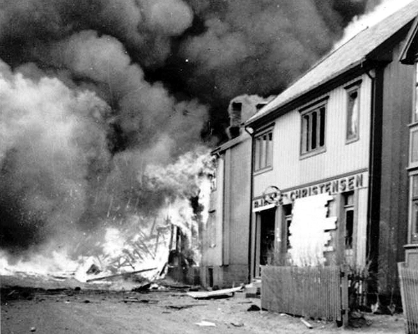 Buildings damaged during a raid on the Lofoten Islands by No. 3 and 4 Commandos, March 1941