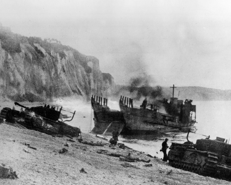 Damaged tanks and landing craft, Dieppe, August 1942