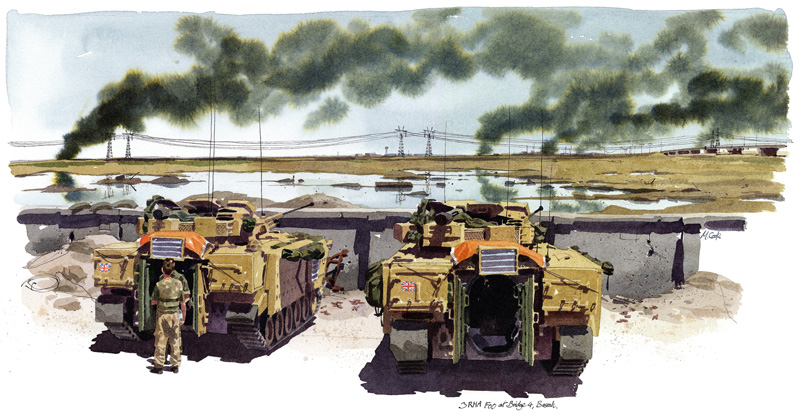 ‘3RHA FOO at Bridge 4, Basrah’, coloured acrylic ink with pen and ink by Matthew Cook, The Times War Artist, 2003