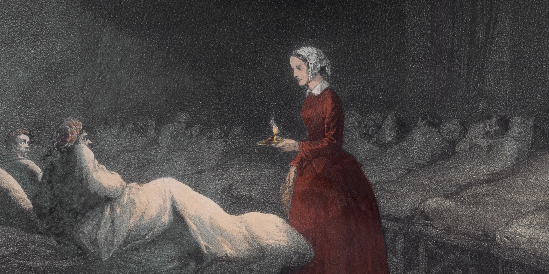 Florence Nightingale tending to wounded soldiers at Scutari Hospital