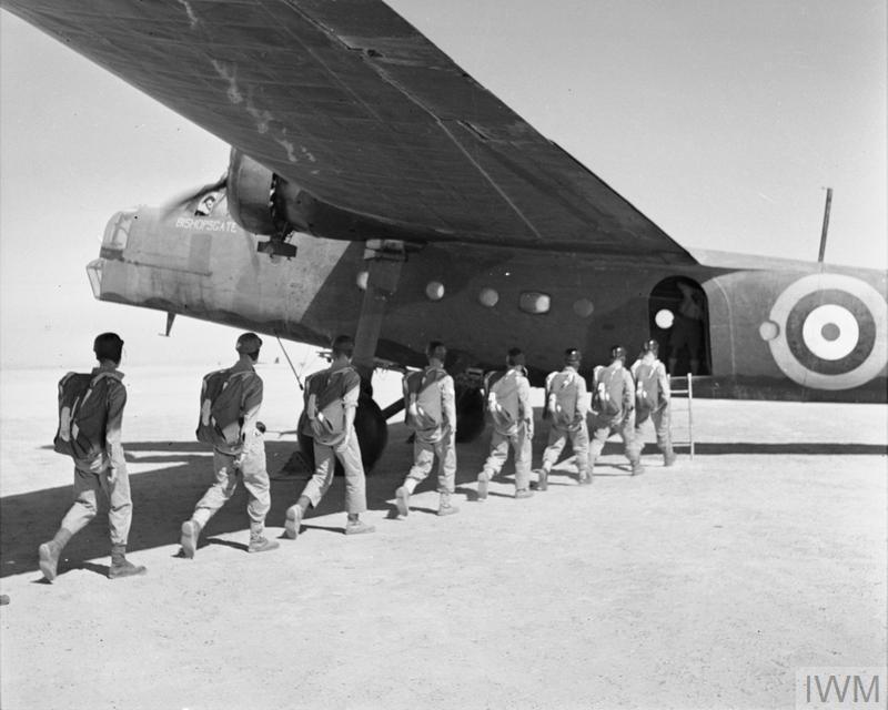 SAS recruits board an RAF Bristol Bombay aircraft during parachute training at Kabrit, c1941