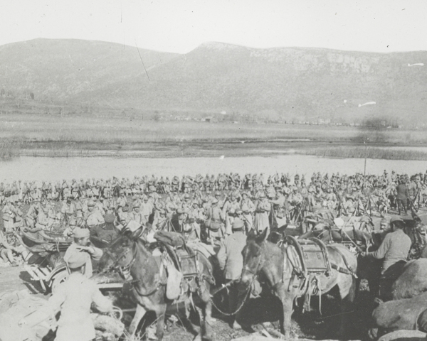 A mule team passes French soldiers, Macedonia, 1916
