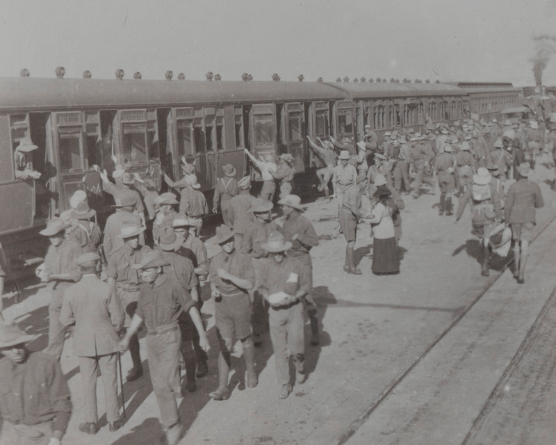 1st Mounted Rifles (1st Natal Carbineers) entrain at Cape Town on their return from Windhoek, 1915
