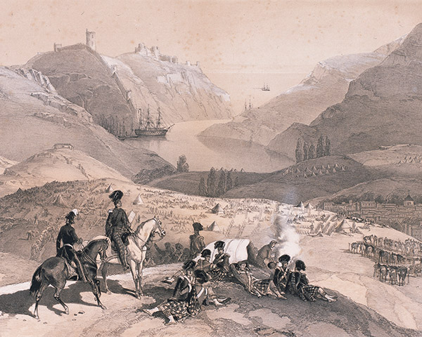 'Town and harbour of Balaklava from the camp of the 93rd Highlanders' by Lt Montagu O'Reilly, 13 Nov 1854