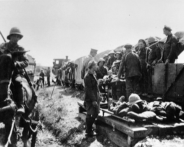 Wounded being sent to hospital on a light railway, 1916