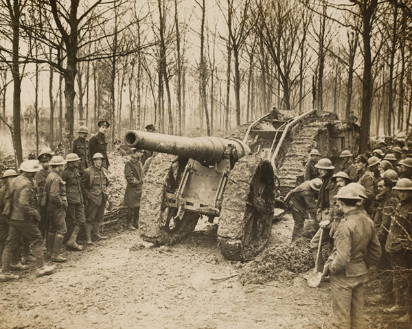 A tank towing a captured German gun, Cambrai, 29 November 1917