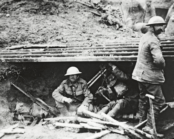 Soldiers rest in a captured German dugout at Feuchy, April 1917