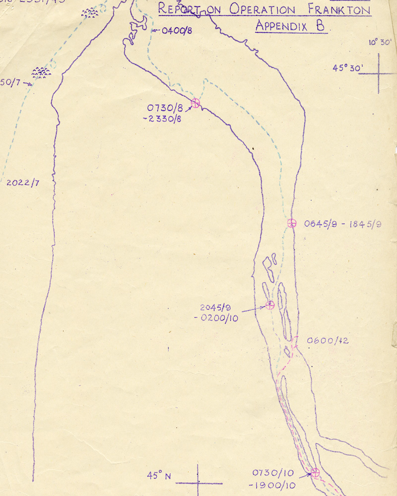 Operation Frankton report showing the route taken by cockles ‘Catfish’ and ‘Crayfish’, 1943