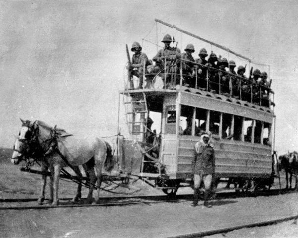 A horse drawn tram with troops on the way to relieve Kut, 1916