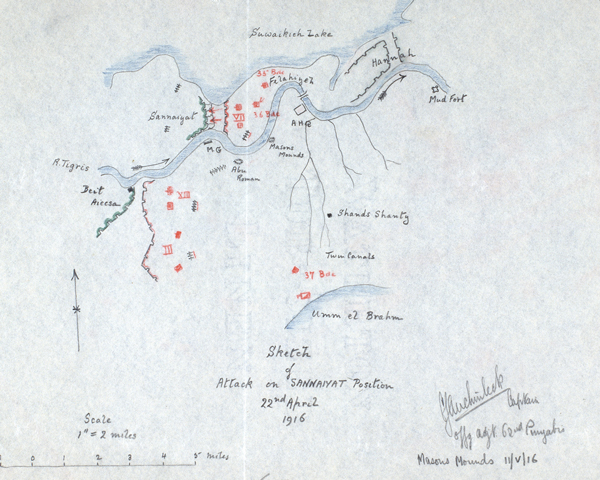 Sketch of attack on the Sannaiyat position in Mesopotamia by Captain Claude Auchinleck, 22 April 1916 