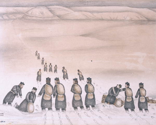 Soldiers carrying supplies in the snow, 1854 