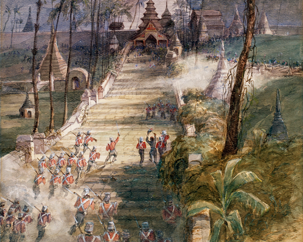 The 18th and 80th Regiments storming the Shwe-Dagon Pagoda Rangoon, 1852