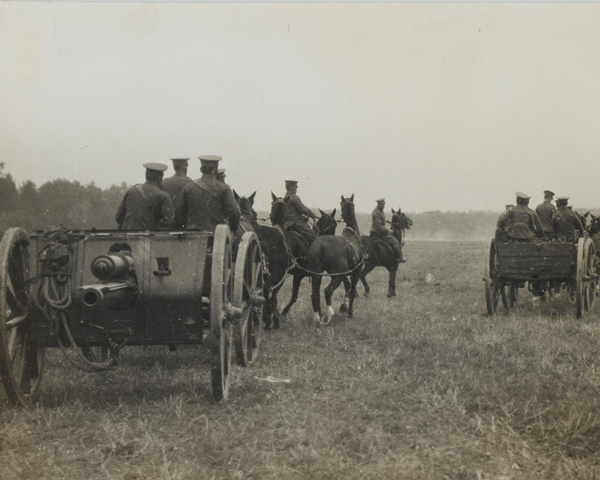 18-pounder battery towed into position on the Western Front, c1914