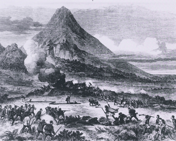 The 57th Regiment taking a Maori redoubt on the Katikara River, Taranaki, 1863