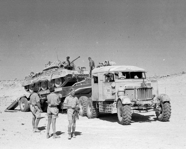 Loading a Crusader tank on to a Scammell transporter, North Africa, 1943